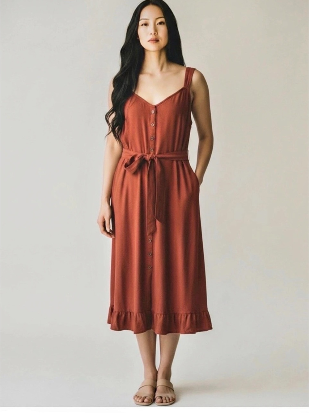 Abercrombie & Fitch Rust-Red Button Front Midi Dress